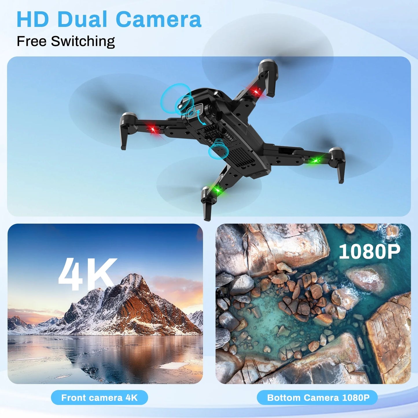 Drone with Camera 4K for Adults, Dual HD Cameras 90°Adjustable Lens, Brushless Motor, Optical Flow Positioning, Headless Mode, 12.6*11*2.8In